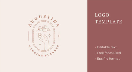 Hand with branch and leaves near logo emblem design template vector illustration in minimal line art style