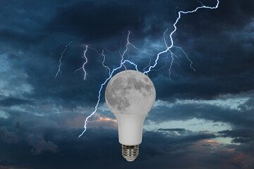 led electric light bulb with moon planet with stormy sky-