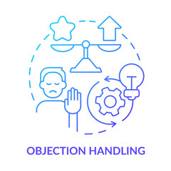 Objection handling blue gradient concept icon. Sales process abstract idea thin line illustration. Customer concerns and satisfaction. Isolated outline drawing. Myriad Pro-Bold font used - obrazy, fototapety, plakaty
