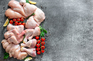 Set of raw chicken fillet, thigh, wings, strips and legs on a stone background of a culinary table...