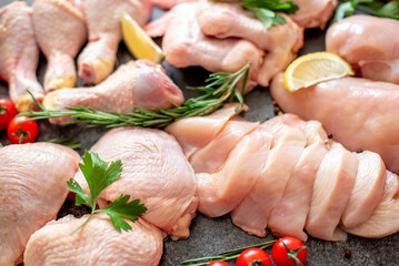 Set of raw chicken fillet, thigh, wings, strips and legs on a stone background of a culinary table with spices