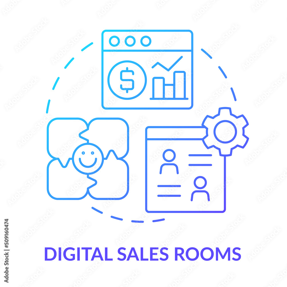 Poster Digital sales rooms blue gradient concept icon. Selling software abstract idea thin line illustration. Virtual channels for content sharing. Isolated outline drawing. Myriad Pro-Bold font used