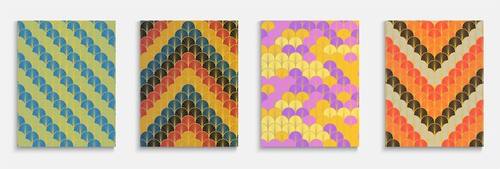 Chinese Golden Fan Simple Cover Set. Kimono Stripes Poster. Funky Dynamic Edgy Fabric Backgroud. Japanese Vintage Template Set. Rich VIP Geometric Print. Bright Color Retro A4 Frame.