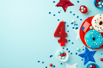 Fourth of July concept. Top view photo of number 4 candle national flag star garland confetti paper backing molds with sweets plate with glazed donuts on isolated pastel blue background with copyspace