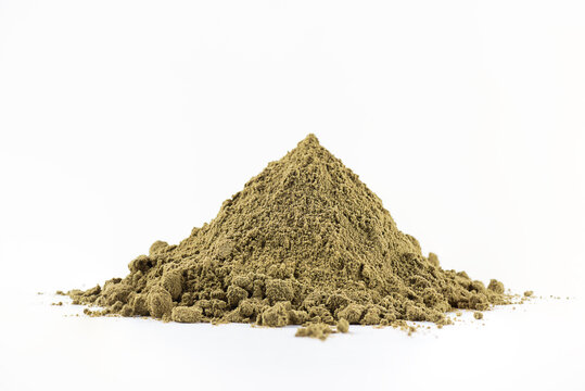 Heap Of Hemp Protein Powder On A White Background.