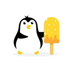 Penguin with ice cream. Mascot cartoon vector illustration.