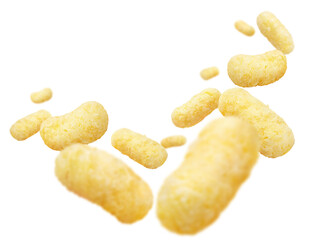 Flying corn sticks, isolated on white background