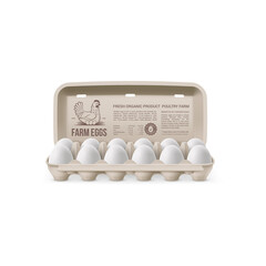 Fresh Organic Chicken Eggs in Open Carton Pack, or Egg Container Isolated on White Background. Twelve White Large Eggs from Farm in Brand Pack