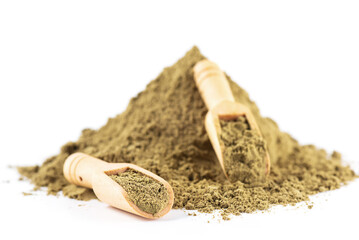 Heap of hemp protein powder with wooden scoops on white background.