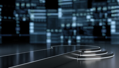 Futuristic empty Stage For Product Presentation. Podium Or Pedestal with neon lights product stage. Future concept background. 3D Rendering.