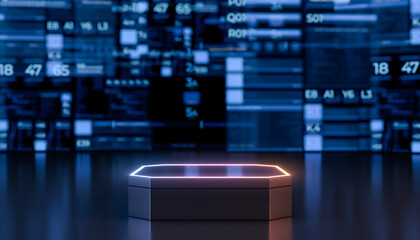 Futuristic empty Stage For Product Presentation. Podium Or Pedestal with neon lights product stage. Future concept background. 3D Rendering.