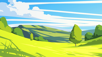 Rolling hills landscape with trees and cloudy sky. Vector illustration