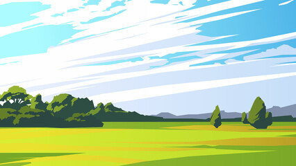 Countryside landscape with trees in the distance and cloudy sky. Vector illustration