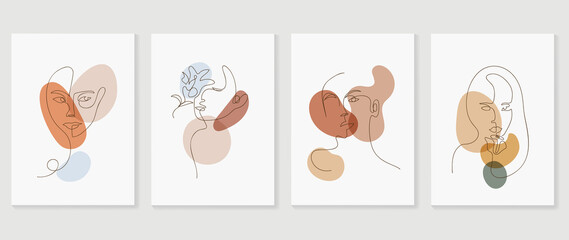 Fototapeta na wymiar Set of abstract woman wall art template. Female faces, organic shapes, earth tone colors in line art style. Line wall decoration collection design for interior, poster, cover, banner, home decor.