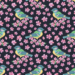 Seamless vector pattern of titmouse and sakura flowers. Decoration print for wrapping, wallpaper, fabric, textile. Spring background.  