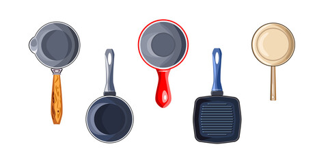 Set with dishes. Frying pan, ladle, grill, waffle iron and ladle on a white background. Vector isolated illustration. Top view.