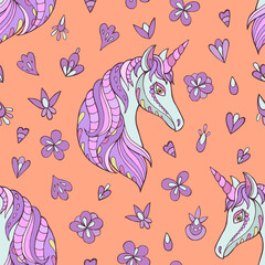Seamless vector pattern with unicorn. Background for greeting card, website, printing on fabric, gift wrap, postcard and wallpapers. 