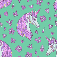Seamless vector pattern with unicorn. Background for greeting card, website, printing on fabric, gift wrap, postcard and wallpapers. 
