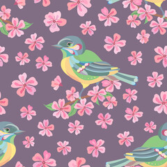 Seamless vector pattern of titmouse and sakura flowers. Decoration print for wrapping, wallpaper, fabric, textile. Spring background.  