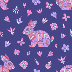 Seamless vector pattern of rabbits and flowers. Suitable for packaging, fabrics, wallpapers and simple colorings. Easter background.