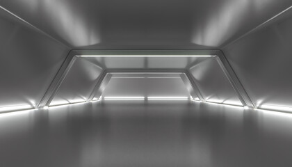 Abstract Futuristic corridor interior design. Future tunnel with light background. Spaceship sci-fi concept.3D rendering.