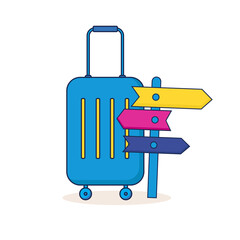 Blue suitcase with pointer.  Travel luggage. Isolated on white background. Vector illustration.