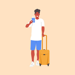 Obraz na płótnie Canvas A man, a black guy with a suitcase. Travel luggage. Isolated on white background. Vector illustration.