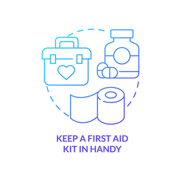 Keep First Aid Kit In Handy Blue Gradient Concept Icon. Safe Adventure. Trip With Toddlers Recommendation Abstract Idea Thin Line Illustration. Isolated Outline Drawing. Myriad Pro-Bold Font Used