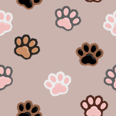 Cat paws pattern for textile fabrics. Seamless pattern vector illustration. Childish cute background, paw texture. Furry kitten paws set. Furry paw pet animal, Kitten cartoon flat icon doodle style. 
