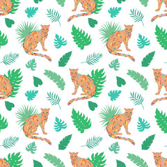 Tropic summer vector seamless pattern with leopard and tropical plants. Tropical botanical motives. Vector illustration. Summer decoration print for wrapping, wallpaper, fabric.