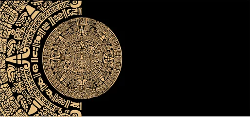Foto op Canvas Ancient Mayan Calendar Images of characters of ancient American Indians.The Aztecs, Mayans, Incas. Mayan calendar.the Mayan alphabet.Ancient signs of America on a black background.  © Oleksii