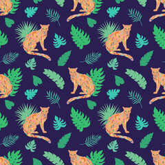 Tropic summer vector seamless pattern with leopard and tropical plants. Tropical botanical motives. Vector illustration. Summer decoration print for wrapping, wallpaper, fabric.