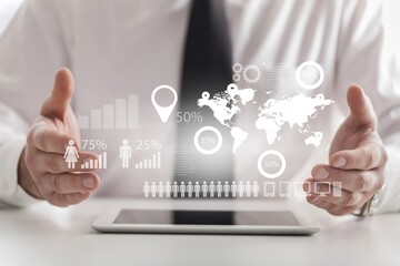 Businessman holding tablet with growing virtual hologram of statistics, graph and chart. Business strategy development and growing growth plan.