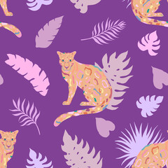 Tropic summer vector seamless pattern with leopard and tropical plants. Tropical botanical motives. Vector illustration. Summer decoration print for wrapping, wallpaper, fabric.
