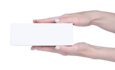 White box of mobile phone in hand on white background isolation