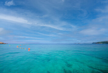 Fototapeta na wymiar Color buoys and rope nets in the emerald sea at Phi Phi Beach.