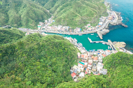 Aerial view of Bitou port, northeast corner, New Taipei City, Taiwan.