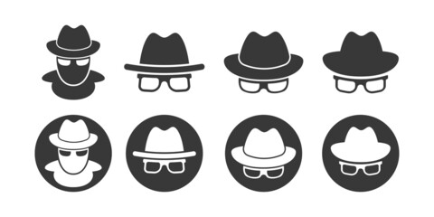 Incognito private mode vetor icon. Anonymous spy symbol. Man with hat and glasses.