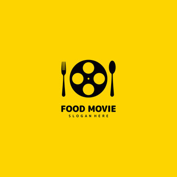 Movie Food Logo Design, Film Roll With Spoon And Fork Logo Icon Template