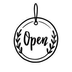 Hand drawn open sign element. Doodle sketch style. Shop door or window open label icon. Vector illustration.