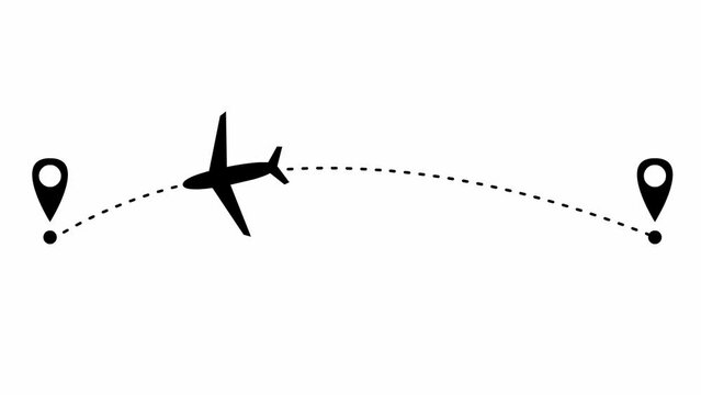 Animated black the plane flies along a trajectory. Concept of airplane travel. Airplane flies from one place to another. Looped video. Vector illustration isolated on a white background.