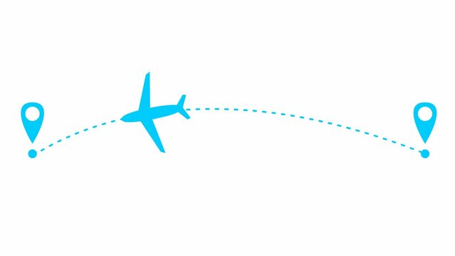 Animated blue the plane flies along a trajectory. Concept of airplane travel. Airplane flies from one place to another. Looped video. Vector illustration isolated on a white background.