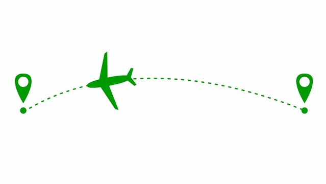 Animated green the plane flies along a trajectory. Concept of airplane travel. Airplane flies from one place to another. Looped video. Vector illustration isolated on a white background.