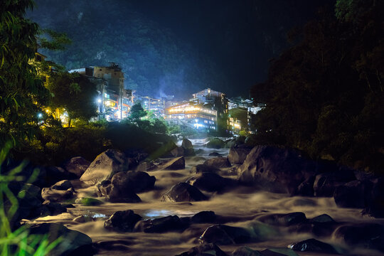 River in the Andes at night. Aguas Calientes, Peru.