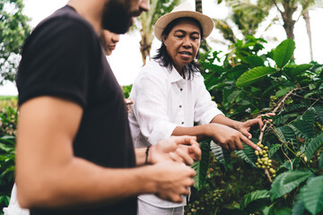 Balinese male owner of agriculture business explaining concept of caffeine growing at branch to...