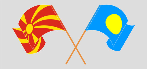 Crossed and waving flags of North Macedonia and Palau
