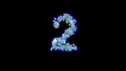 glitchy alphabet of gem stones with chromatic aberrance - number 2, isolated - object 3D rendering
