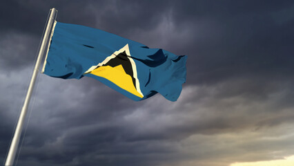 nice Saint Lucia flag on massive dark clouds backdrop - abstract 3D illustration