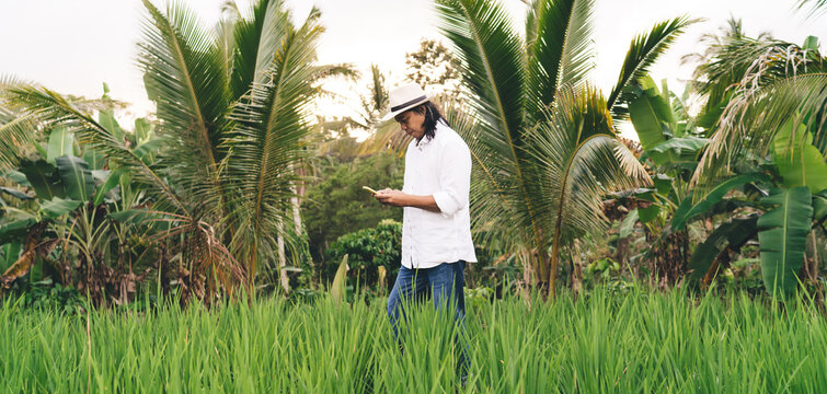 Male tourist with modern digital phone chatting in social media networks while walking at rice fields and visiting Phuket, Balinese man with cellphone technology checking received text message