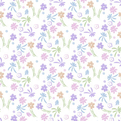 Beautiful floral pattern pastel colors. Many Small decorative flowers and curls on white background vector illustration for design cambric fabric, background of women's site, wallpaper, wrapping paper
